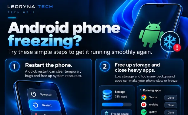 Visual guide: Illustrated Android slowdown troubleshooting: restarting, storage, updates and safe mode with backup warning.