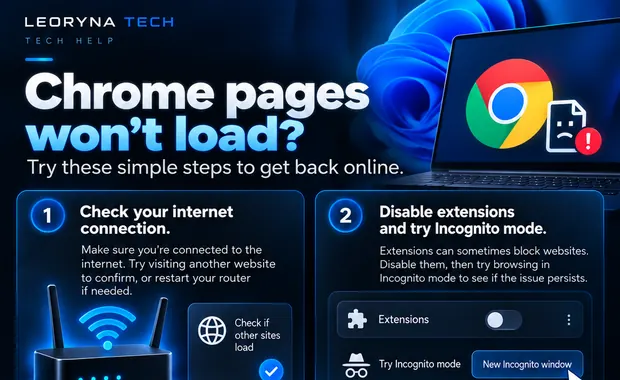 Visual guide: Illustrated Chrome loading troubleshooting: internet checks, extensions, cached data and browser settings.