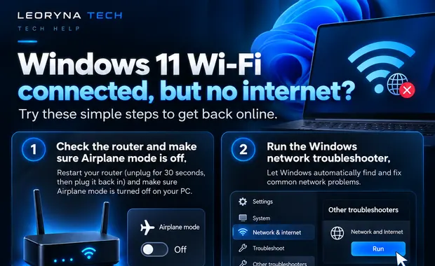 Visual guide: Illustrated Windows 11 Wi-Fi troubleshooting: router checks, troubleshooter, reconnecting and network reset.
