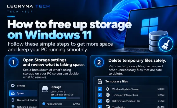 Visual guide: Illustrated Windows 11 storage clean-up: Storage settings, temporary files, Storage Sense and unused applications.